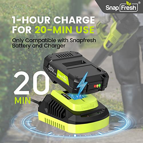 SnapFresh Leaf Blower - 20V (180 CFM / 150 MPH) Leaf Blower Cordless with Battery & Charger, Free Control Speed, 2 Section Tubes, Lightweight, Electric Leaf Blower for Lawn Care, Patio & Garage