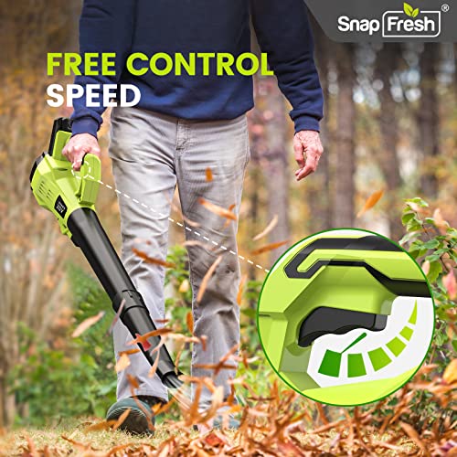 SnapFresh Leaf Blower - 20V (180 CFM / 150 MPH) Leaf Blower Cordless with Battery & Charger, Free Control Speed, 2 Section Tubes, Lightweight, Electric Leaf Blower for Lawn Care, Patio & Garage