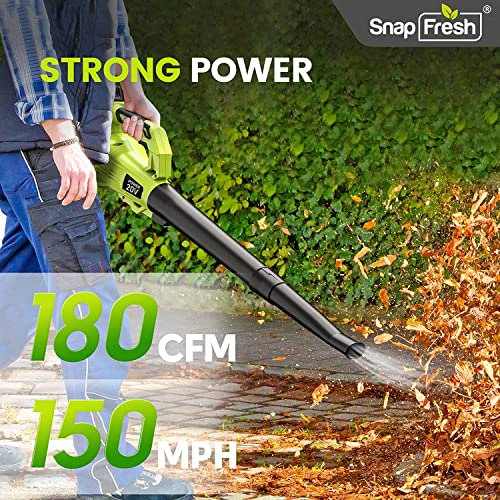 SnapFresh Leaf Blower - 20V (180 CFM / 150 MPH) Leaf Blower Cordless with Battery & Charger, Free Control Speed, 2 Section Tubes, Lightweight, Electric Leaf Blower for Lawn Care, Patio & Garage