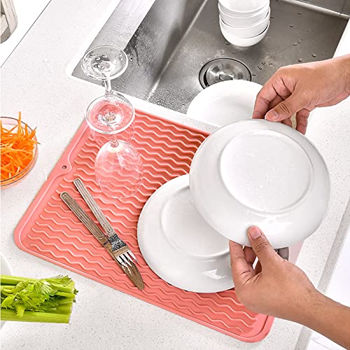 Kitchen Silicone Dish Drying Mat, Non-Slip Heat Resistant Pad for Sink Bar Bottle Cup, Dishwasher Safe(12x16")