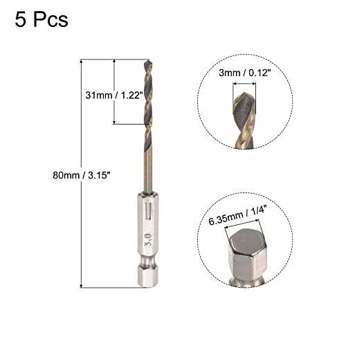 uxcell 5 Pcs High Speed Steel Hex Shank Twist Drill Bit, 3mm Drilling Dia with 1/4 Inch Hex Shank 80mm Length