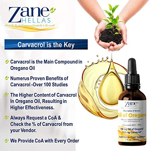 Zane Hellas 190 mg Oregano Oil-164 mg Carvacrol per Serving-4 Drops Daily. 100% Greek Undiluted Oil of Oregano. 86%-90% Min Carvacrol. Probably The Best Oregano Oil in The World. 1 fl. oz.- 30ml