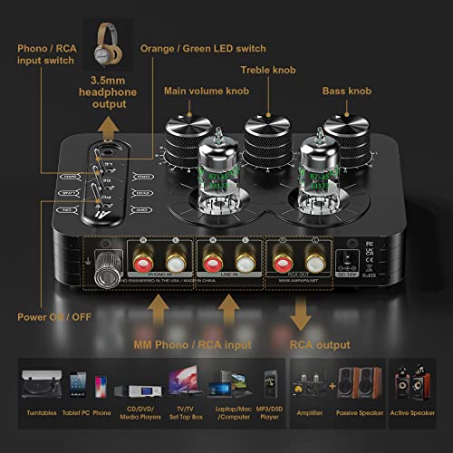 Ampapa A1 Vacuum Tube Phono Preamp, Headphone Amp, Hi-Fi Audiophile Preamplifier for MM Turntable Record Player with Tone Control for Home Stereo Audio System