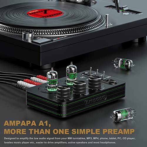 Ampapa A1 Vacuum Tube Phono Preamp, Headphone Amp, Hi-Fi Audiophile Preamplifier for MM Turntable Record Player with Tone Control for Home Stereo Audio System