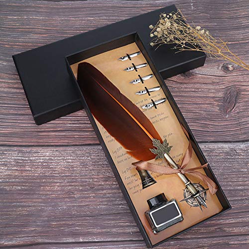 Tyenaza Feather Pen, Vintage Fountain Writing Pen, Calligraphy Pen Set, Quill Pen Writing Ink Set Stationery Gift Box with 5 Nibs for Stationery Teachers Classmates Gift (Orange)