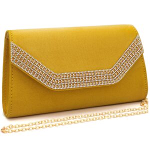 MYLONI Women Faux Suede Evening Bags Rhinestone Envelope Clutch Purse Cocktail Prom Handbag Wedding Purses Party Bag (Mustard Yellow)