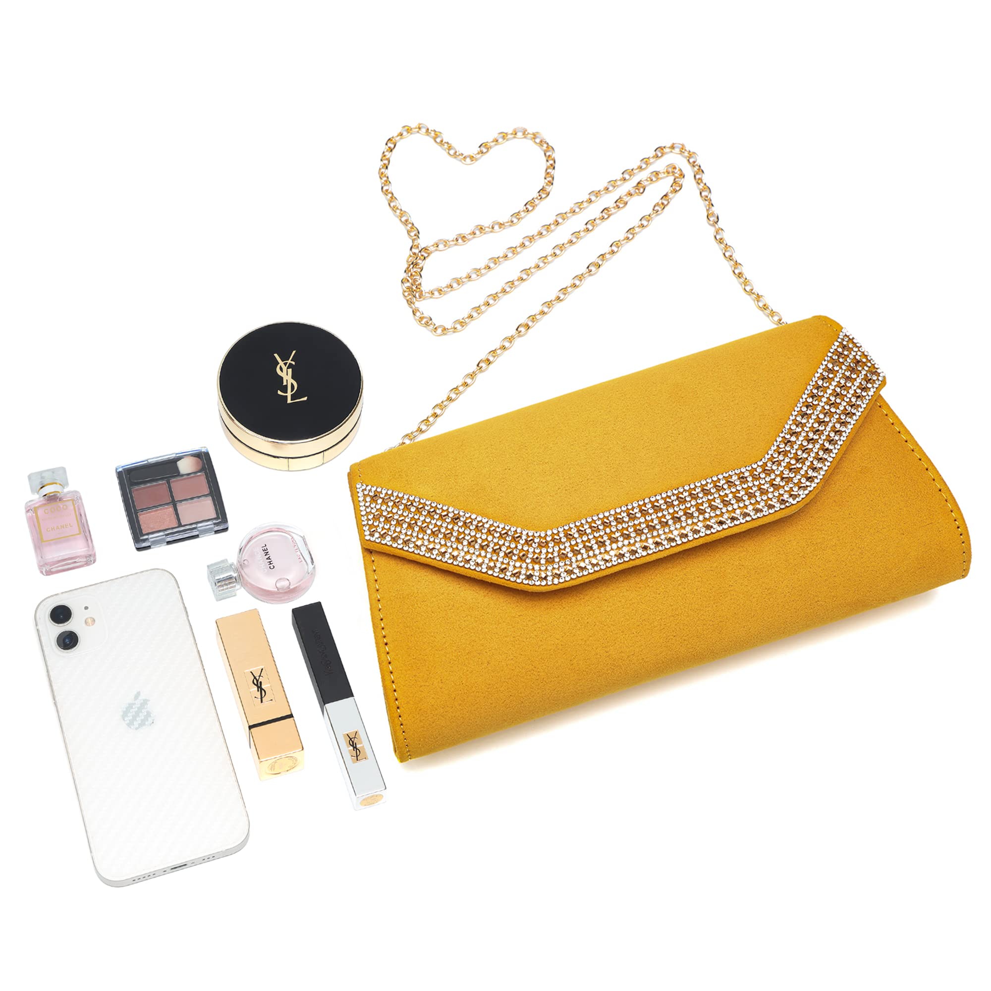 MYLONI Women Faux Suede Evening Bags Rhinestone Envelope Clutch Purse Cocktail Prom Handbag Wedding Purses Party Bag (Mustard Yellow)