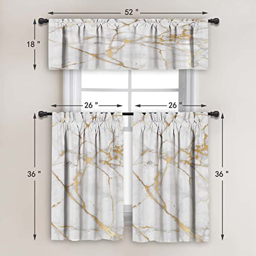 MCALK Luxury Gold Marble Kitchen Curtains Tiers and Valances Set 3 Piece for Windows White Background Kitchen Window Curtains Set,Modern Vintage Style Valances for Living Room(36" Tiers Set)