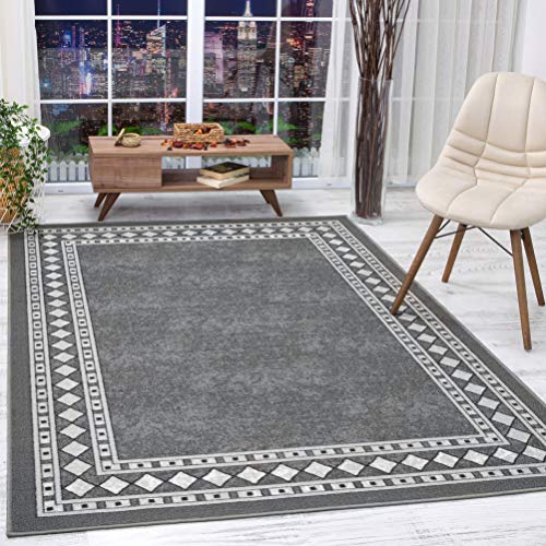 Antep Rugs Alfombras Modern Bordered 8x10 Non-Skid (Non-Slip) Low Profile Pile Rubber Backing Indoor Area Rugs (Gray, 7'10" x 10')