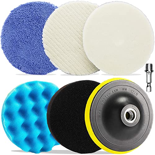 SOLULU 5 Inch Wool Polishing Buffing Pads Kit, 7 Pcs Waxing Buffing Polishing Sponge, 5 Inch Face for 5 in 125mm Backing Plate, for Drill Buffer Attachment with M14 Drill Adapter