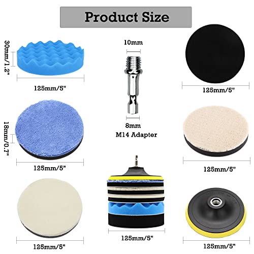 SOLULU 5 Inch Wool Polishing Buffing Pads Kit, 7 Pcs Waxing Buffing Polishing Sponge, 5 Inch Face for 5 in 125mm Backing Plate, for Drill Buffer Attachment with M14 Drill Adapter