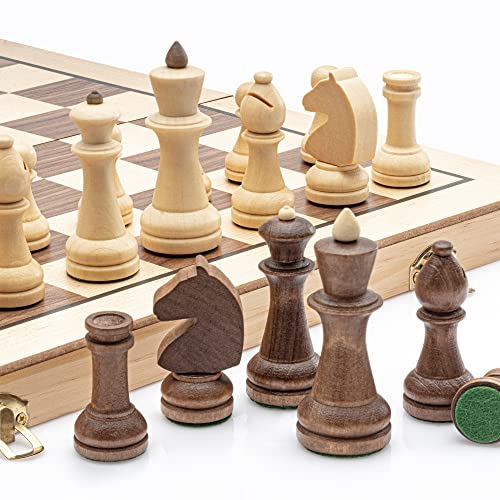 Lingle 15Inch Wooden Folding Chess Set with 3'' Kh Staunton Chess Pieces - Maple & Walnut Inlay Board Game