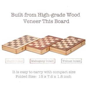 Lingle 15Inch Wooden Folding Chess Set with 3'' Kh Staunton Chess Pieces - Maple & Walnut Inlay Board Game