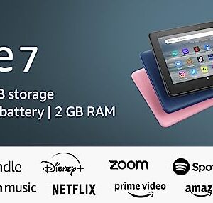 Fire 7 tablet, 7” display, 32 GB, 10 hours battery life, light and portable for entertainment at home or on-the-go, (2022 release), Denim, without lockscreen ads