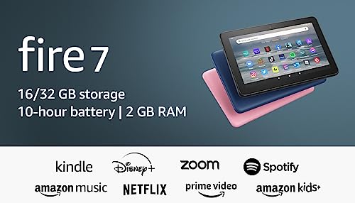 Fire 7 tablet, 7” display, 32 GB, 10 hours battery life, light and portable for entertainment at home or on-the-go, (2022 release), Denim, without lockscreen ads