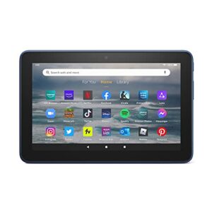 Fire 7 tablet, 7” display, 32 GB, 10 hours battery life, light and portable for entertainment at home or on-the-go, (2022 release), Denim, without lockscreen ads