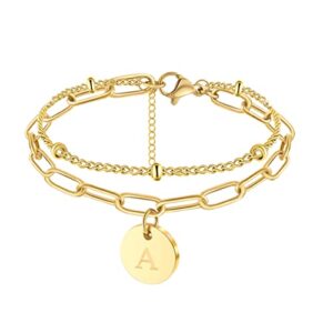 joycuff gold initial bracelets for women gifts for teen girls 18k gold plated layered alphabet charm bracelet adjustable papercilp link chain letter a jewelry for her