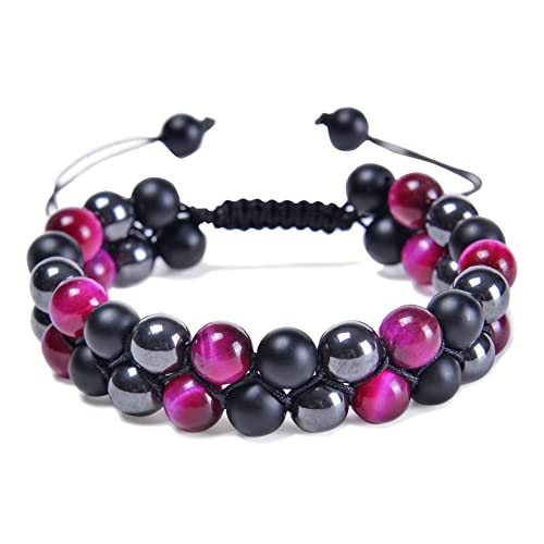 Violet Triple Protection Crystal Bracelet, 8mm Beads Bracelets Handmade with Purple Tigers Eye Black Obsidian Hematite Beaded Bracelets, Anxiety Relief Bring Luck And Prosperity(Women)