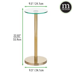 mDesign Glass Top Side/End Drink Table - Small Modern Round Accent Metal Nightstand Furniture for Living Room, Dorm, Home Office, and Bedroom - 9" Round - Clear/Soft Brass