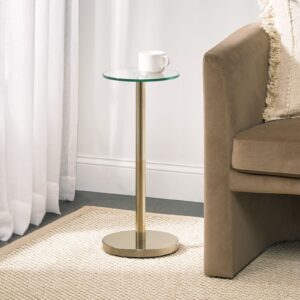 mDesign Glass Top Side/End Drink Table - Small Modern Round Accent Metal Nightstand Furniture for Living Room, Dorm, Home Office, and Bedroom - 9" Round - Clear/Soft Brass