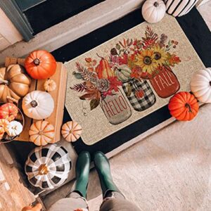 Artoid Mode Hello Fall Vases Decorative Doormat, Thanksgiving Pumpkin Sunflower Flower Low-Profile Floor Switch Mat for Indoor Outdoor 17x29 Inch