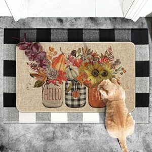 Artoid Mode Hello Fall Vases Decorative Doormat, Thanksgiving Pumpkin Sunflower Flower Low-Profile Floor Switch Mat for Indoor Outdoor 17x29 Inch