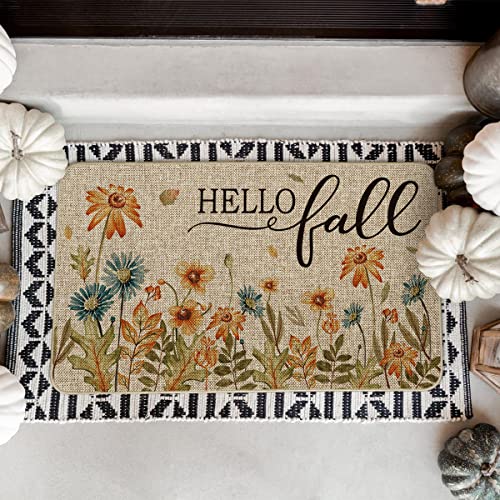 Artoid Mode Hello Fall Wild Flower Decorative Doormat, Autumn Thanksgiving Floral Low-Profile Floor Switch Mat for Indoor Outdoor 17x29 Inch