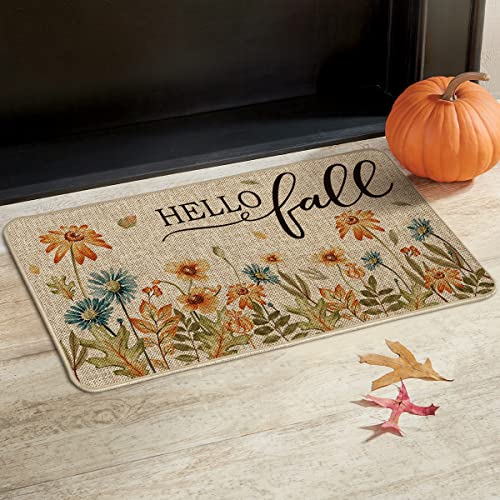 Artoid Mode Hello Fall Wild Flower Decorative Doormat, Autumn Thanksgiving Floral Low-Profile Floor Switch Mat for Indoor Outdoor 17x29 Inch