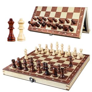 wooden chess set for adults, portable chess board folding magnetic chess sets boards game for beginners travel chess piece set with portable storage board