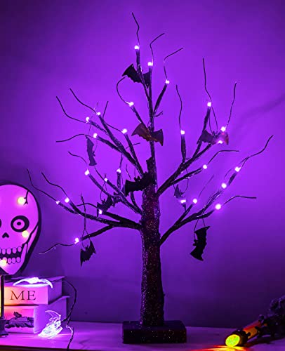 ZHOUDUIDUI Halloween Tree, Black Spooky Tree with 24LED Purple Lights and 10 Bat Ornaments Battery Powered 18IN Lighted Halloween Bonsai Tree for Indoor Tabletop Halloween Party Decoration