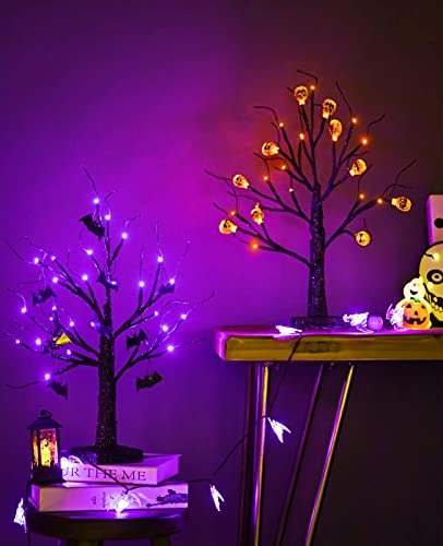 ZHOUDUIDUI Halloween Tree, Black Spooky Tree with 24LED Purple Lights and 10 Bat Ornaments Battery Powered 18IN Lighted Halloween Bonsai Tree for Indoor Tabletop Halloween Party Decoration