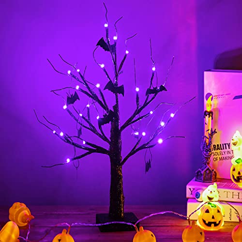 ZHOUDUIDUI Halloween Tree, Black Spooky Tree with 24LED Purple Lights and 10 Bat Ornaments Battery Powered 18IN Lighted Halloween Bonsai Tree for Indoor Tabletop Halloween Party Decoration