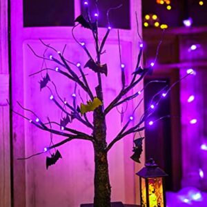 ZHOUDUIDUI Halloween Tree, Black Spooky Tree with 24LED Purple Lights and 10 Bat Ornaments Battery Powered 18IN Lighted Halloween Bonsai Tree for Indoor Tabletop Halloween Party Decoration