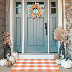 mubin cotton orange and white plaid rug, 27.5" x 43" fall outdoor front door decorative mat, hand-woven rug for layered door mats washable carpet for porch, entryway, farmhouse, autumn, halloween