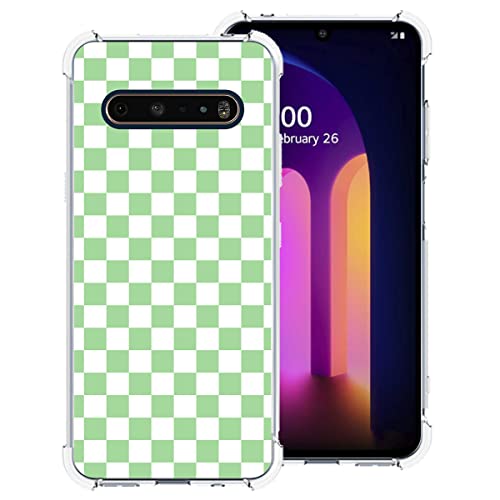 zaztify Compatible with LG V60 ThinQ/ThinQ 5G UW, Green and White Plaid in Checkered Checkerboard Cute Shockproof Protective Anti-Slip Thin Slim Soft Clear Phone Case Cover Shell