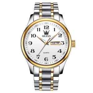 olevs white watch for men large face stainless steel quartz watches with date casual luminous two tone band men's wrist watch three hands men dress watch arabic numeral male lightweight watch