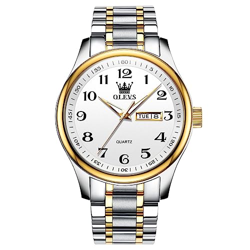 OLEVS White Watch for Men Large Face Stainless Steel Quartz Watches with Date Casual Luminous Two Tone Band Men's Wrist Watch Three Hands Men Dress Watch Arabic Numeral Male Lightweight Watch