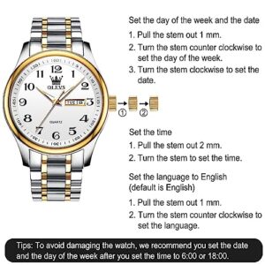 OLEVS White Watch for Men Large Face Stainless Steel Quartz Watches with Date Casual Luminous Two Tone Band Men's Wrist Watch Three Hands Men Dress Watch Arabic Numeral Male Lightweight Watch