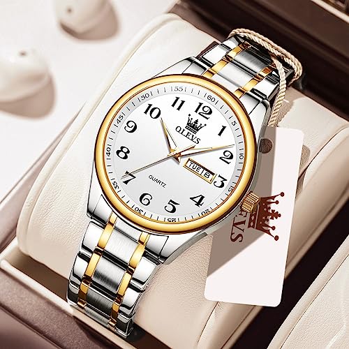 OLEVS White Watch for Men Large Face Stainless Steel Quartz Watches with Date Casual Luminous Two Tone Band Men's Wrist Watch Three Hands Men Dress Watch Arabic Numeral Male Lightweight Watch