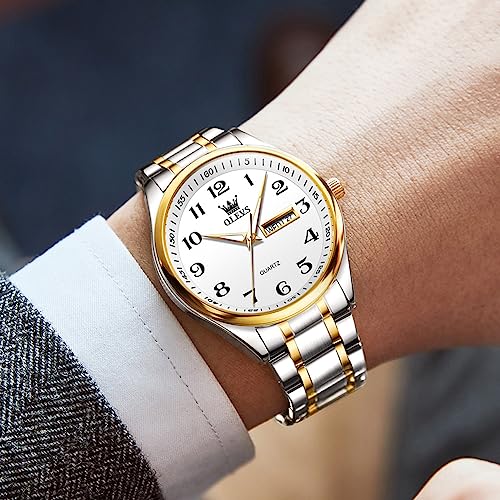 OLEVS White Watch for Men Large Face Stainless Steel Quartz Watches with Date Casual Luminous Two Tone Band Men's Wrist Watch Three Hands Men Dress Watch Arabic Numeral Male Lightweight Watch