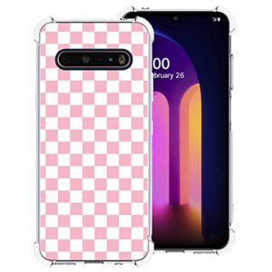 zaztify compatible with lg v60 thinq/thinq 5g uw, pink and white plaid in checkered checkerboard cute shockproof protective anti-slip thin slim soft clear phone case cover shell