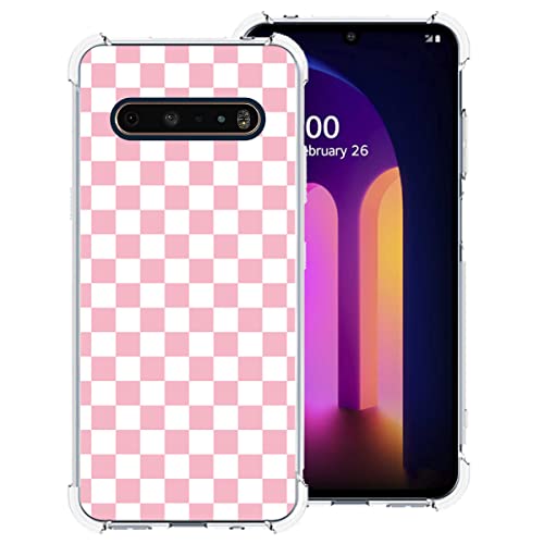 zaztify Compatible with LG V60 ThinQ/ThinQ 5G UW, Pink and White Plaid in Checkered Checkerboard Cute Shockproof Protective Anti-Slip Thin Slim Soft Clear Phone Case Cover Shell