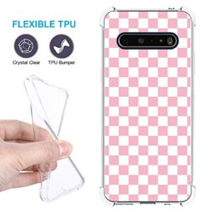 zaztify Compatible with LG V60 ThinQ/ThinQ 5G UW, Pink and White Plaid in Checkered Checkerboard Cute Shockproof Protective Anti-Slip Thin Slim Soft Clear Phone Case Cover Shell