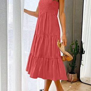 ZESICA Women's 2023 Summer Casual Sleeveless Crew Neck Smocked High Waist Flowy Tiered A Line Midi Dress,Watermelon,Medium