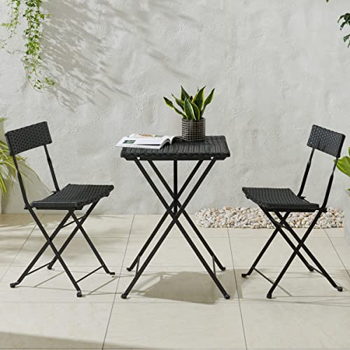 Lavish Home 80-OUTD BLK, Black Folding Patio Bistro Set – 3-Piece Rattan Wood and Steel Café Table and Chairs for Porch, Deck, Garden, or Balcony Furniture