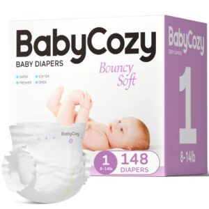 babycozy boucy soft newborn diapers for sensitive skin, hypoallergenic disposable diapers, plain white diapers without chlorine, soft diapers for baby&infant&preemie, size 1(8-14lb) 148 count