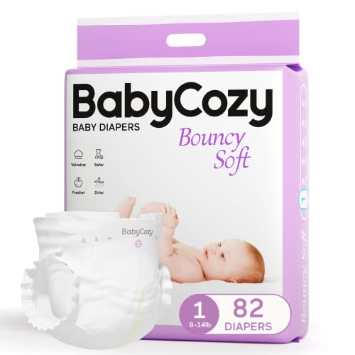 Babycozy Boucy Soft Newborn Diapers for Sensitive Skin, Hypoallergenic Disposable Diapers, Plain White Diapers Without Chlorine, Soft Diapers for Baby&Infant&Preemie, Size 1(8-14lb) 82 Count