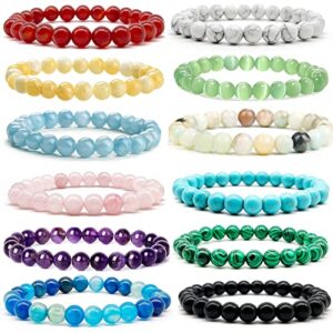 srobenz 12 pcs gemstone 8mm round beaded bracelet set healing crystal stone stretch bracelets for women girl men round beads elastic bracelets