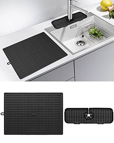 Large Silicone Dish Drying Mat for Kitchen Counter with Faucet Mat - XL Dish Drying Mat 20" x 16" - Dish Drying Rack Mat, Heat Resistant Hot Pot Pad, Non-Slip Sink Mat, BPA Free, Dish Washer Safe