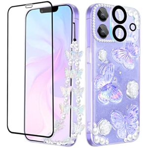 goocrux (4in1 case for apple iphone 11 butterfly glitter handmade sequin sparkle pretty for women girls clear design crystal pearl sparkly cute girly phone cases+chain+camera cover+screen protector